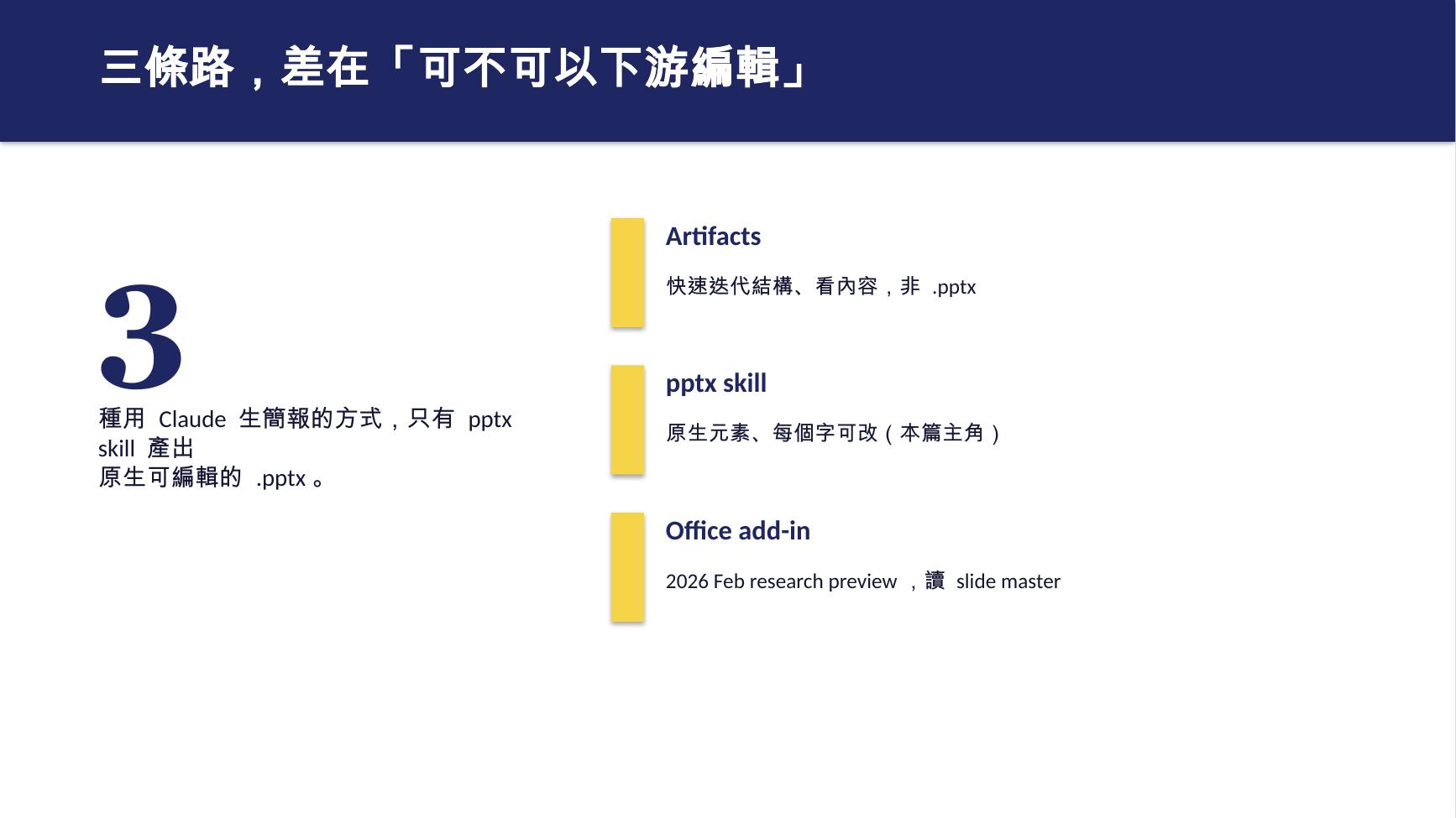 用 python-pptx 產出的內容頁,原生文字框與色塊,render 成圖逐頁檢查排版