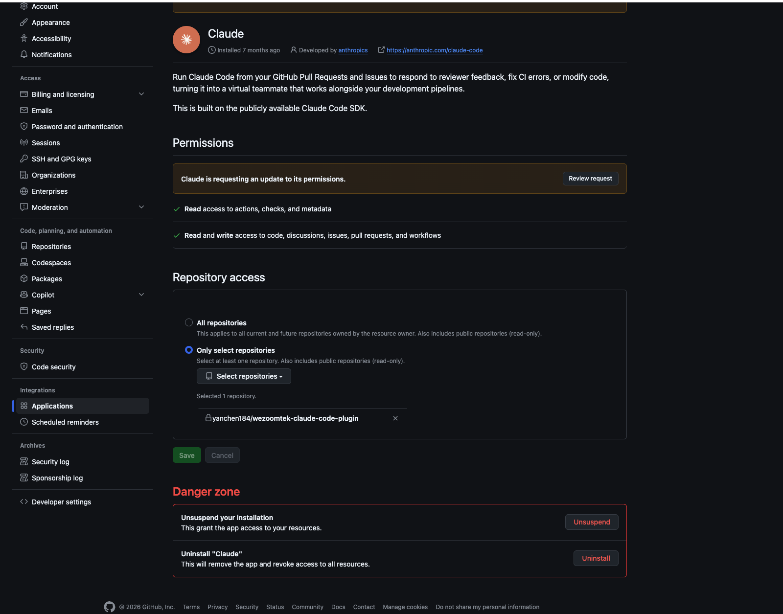 GitHub Claude App 設定頁面，顯示 Suspended 狀態與 Unsuspend 按鈕位置