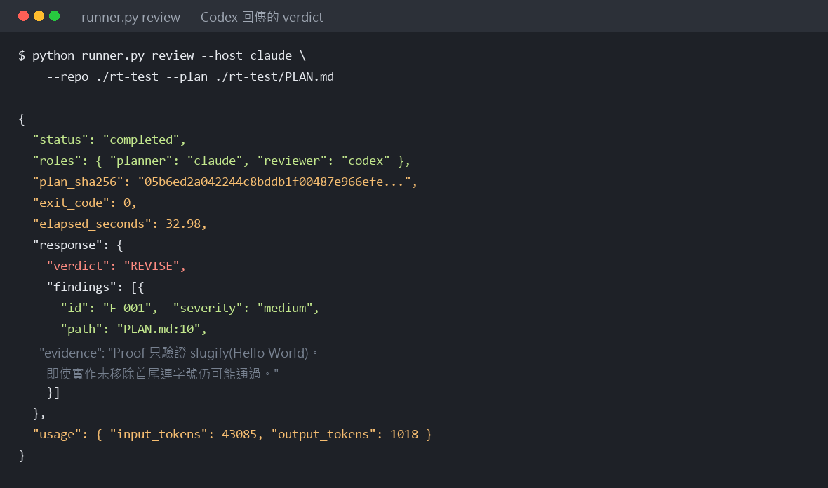 claudex-loop 實測回傳：Codex 判定 REVISE，指出 Acceptance 只驗單一 happy path，附 plan_sha256 與 32.98 秒耗時