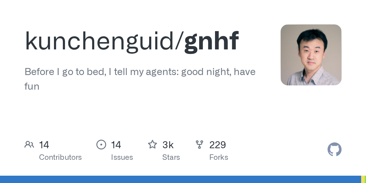 kunchenguid/gnhf GitHub repo 社群預覽卡 — good night have fun,3k stars、229 forks、MIT 授權