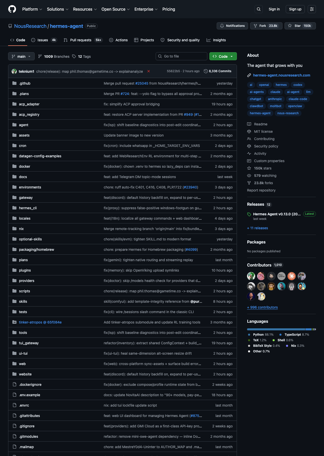 NousResearch/hermes-agent GitHub repo 主頁,6k stars、24k forks、1.5k contributors、Python 為主