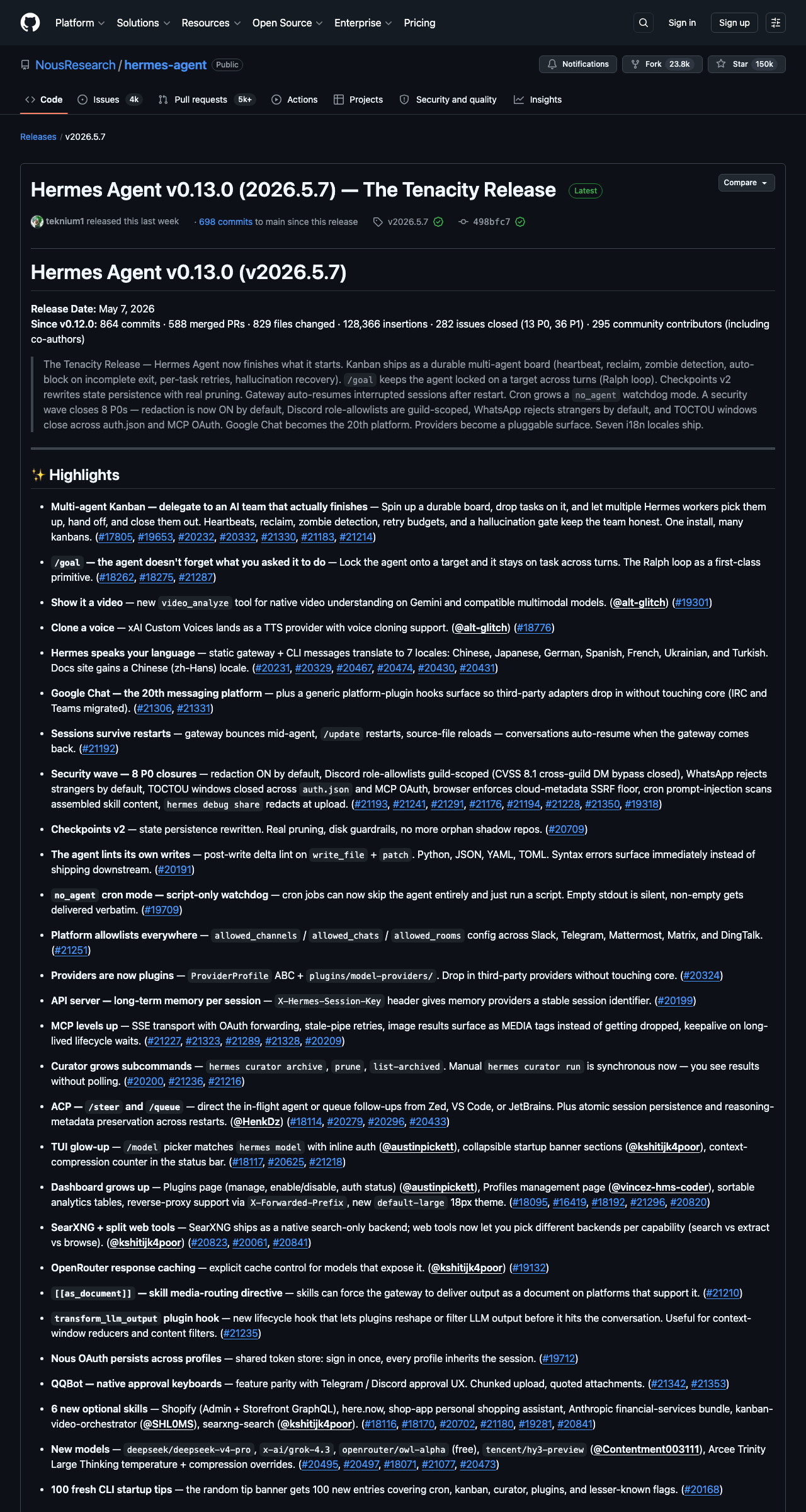 Hermes Agent v0.13.0 (2026.5.7) — The Tenacity Release 的 GitHub release 頁面,128.5k 行新增、282 個 contributors、滿滿一頁 Highlights