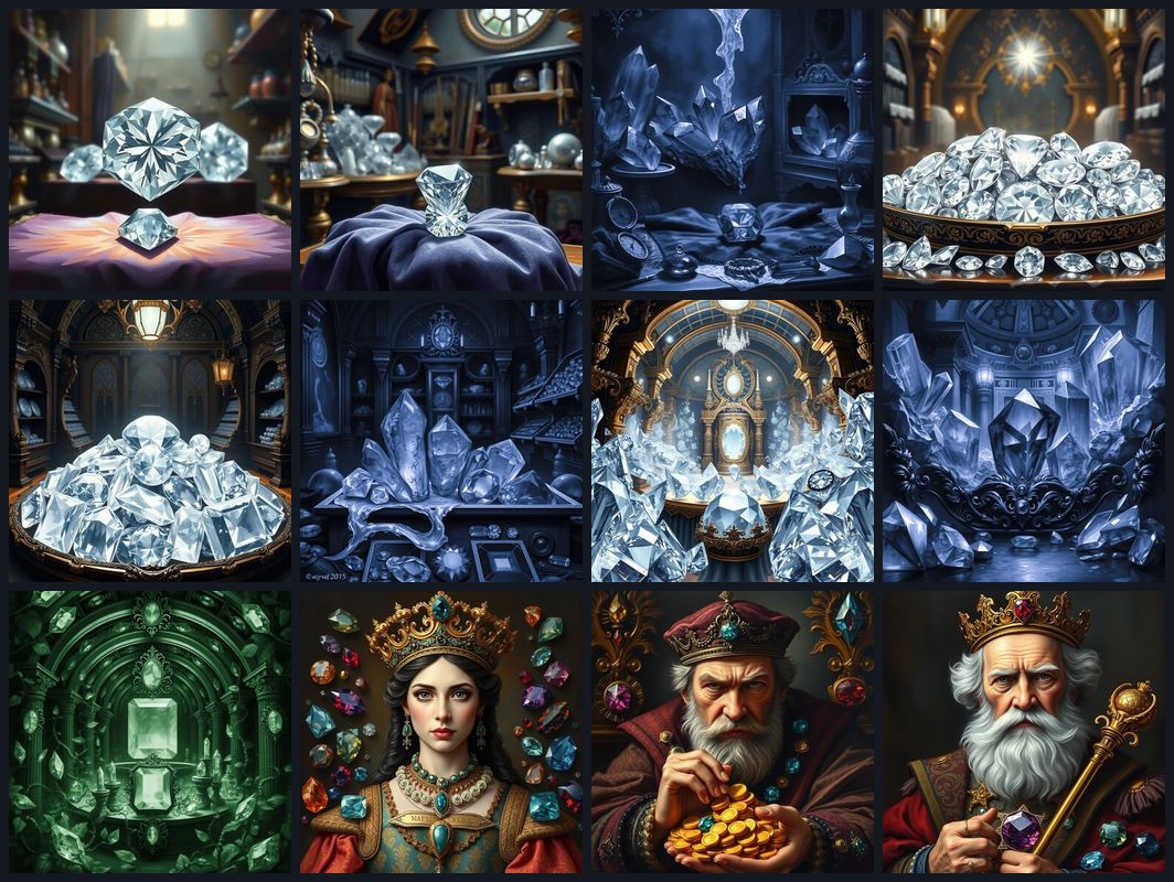 FLUX.1-schnell 批次生成的 Splendor 卡牌與貴族插圖風格一致