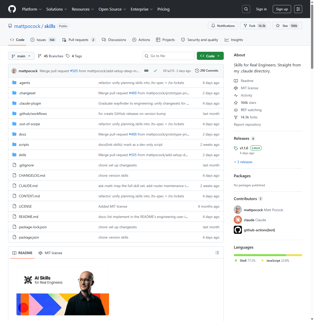 mattpocock/skills GitHub repo 首頁,166k stars、14.3k forks